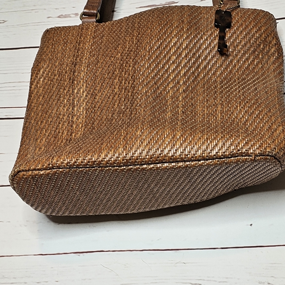 Fossil Brown Woven Shoulder Bag with Leopard Print Key Tag - Picture 5 of 16